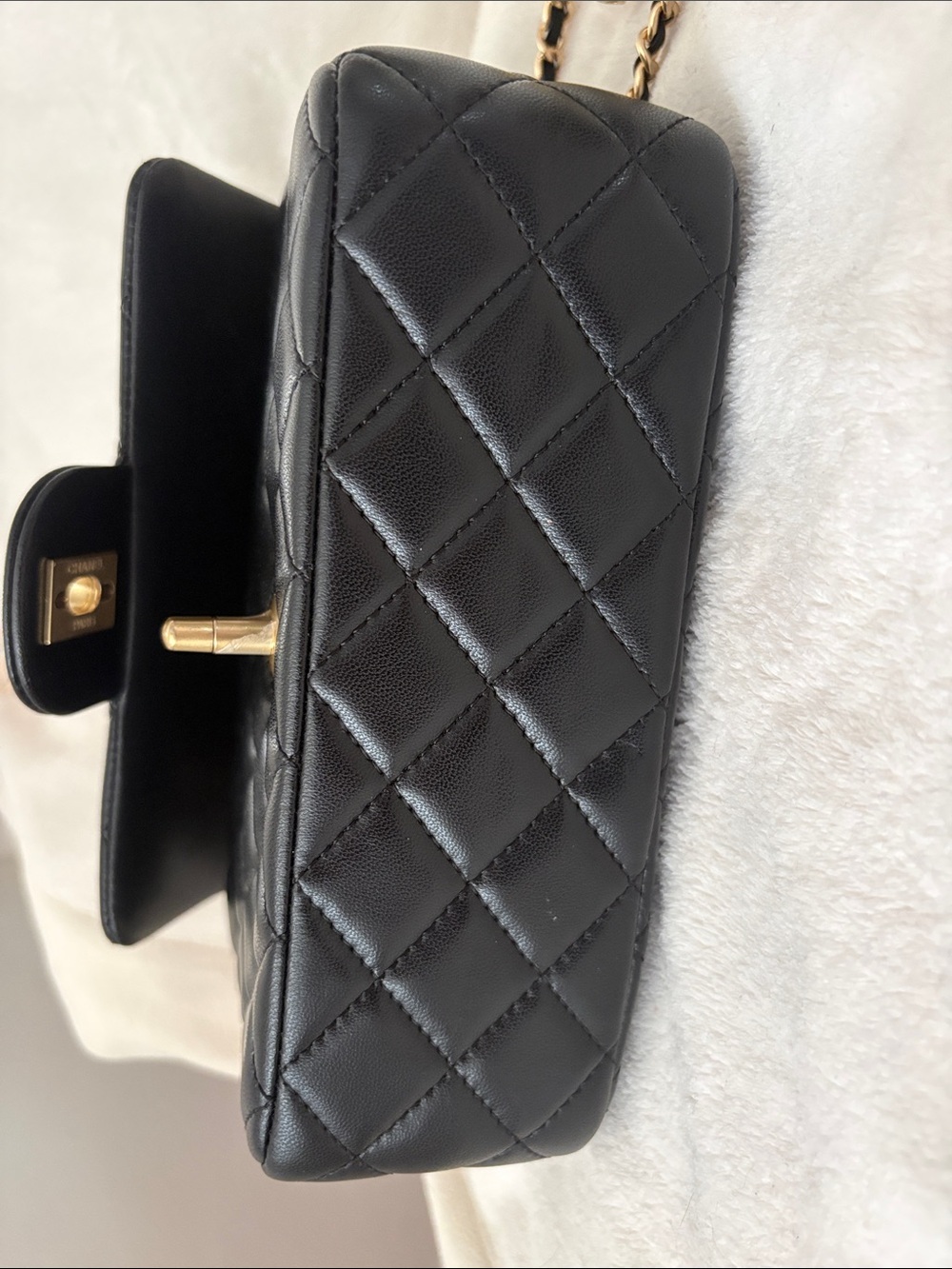 Black Quilted rectangular Leather Crossbody with adjustable Gold Chain - Picture 8 of 9
